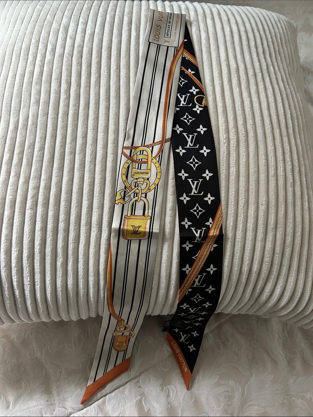 Black, White & Gold Monogram & Double Sided Silk Twilly or Scarf.